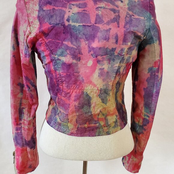 Leather Motorcycle biker Jacket graffiti painted pink purple red blue XS 0 2 4 6 - Picture 9 of 11